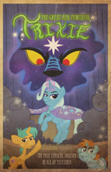 Size: 792x1224 | Tagged: safe, artist:detectivetoony, imported from derpibooru, snails, snips, trixie, pony, unicorn, ursa minor, boast busters, colt, female, male, mare, poster, rearing, stage