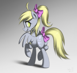 Size: 2360x2216 | Tagged: safe, artist:sy-vs, imported from derpibooru, derpy hooves, pegasus, pony, alternate hairstyle, bow, butt, cute, female, hooves, looking back, mare, plot, ponytail, rear view, simple background, solo, tail bow, underhoof