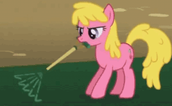 Size: 346x213 | Tagged: safe, imported from derpibooru, screencap, cherry berry, earth pony, pony, season 1, swarm of the century, angry, animated, background characters doing background things, cherry berry is unamused, cropped, female, loop, male, mouth hold, rake