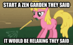 Size: 310x190 | Tagged: safe, edit, edited screencap, imported from derpibooru, screencap, cherry berry, pony, swarm of the century, animated, caption, female, image macro, loop, mouth hold, rake, solo
