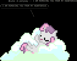 Size: 567x447 | Tagged: safe, imported from derpibooru, sweetie belle, pony, robot, robot pony, unicorn, friendship is witchcraft, black background, female, filly, foal, hooves, horn, linux, lying down, pixel art, ponysay, simple background, solo, sweetie bot, terminal, text