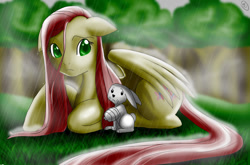 Size: 900x593 | Tagged: safe, artist:mirrorandimage, imported from derpibooru, angel bunny, fluttershy, rain