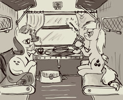 Size: 1000x812 | Tagged: safe, artist:agm, imported from derpibooru, applejack, rarity, earth pony, pony, unicorn, cap, couchette car, cup holder, female, glass, glasses, glassholder, hat, hooves, horn, mare, solo, spoon, tea, train, train cabin