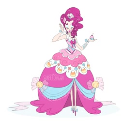 Size: 900x900 | Tagged: safe, artist:flying-fox, imported from derpibooru, pinkie pie, human, clothes, dress, eared humanization, female, gala dress, humanized, simple background, skinny, solo