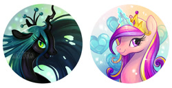 Size: 936x480 | Tagged: safe, artist:flying-fox, imported from derpibooru, princess cadance, queen chrysalis, alicorn, changeling, changeling queen, crown, eyelashes, fangs, female, glowing horn, horn, jewelry, regalia