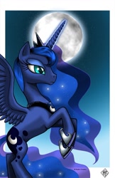 Size: 825x1275 | Tagged: safe, artist:razia, imported from derpibooru, princess luna, pony, female, moon, rearing, solo