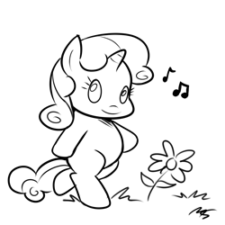 Size: 945x945 | Tagged: safe, artist:megasweet, imported from derpibooru, sweetie belle, flower, monochrome, smarty belle