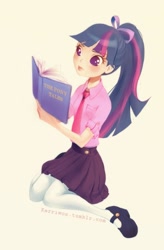 Size: 554x846 | Tagged: safe, artist:kerriwon, imported from derpibooru, twilight sparkle, human, book, female, humanized, mary janes, solo