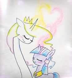 Size: 365x394 | Tagged: safe, artist:danadyu, imported from derpibooru, princess celestia, twilight sparkle, female, heart, lesbian, love, magic, mod, photo, romantic, shipping, traditional art, tumblr, twilestia