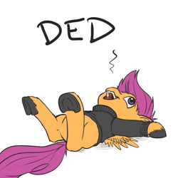 Size: 600x600 | Tagged: safe, artist:aphexangel, imported from derpibooru, scootaloo, pony, clothes, cute, cutealoo, dead, female, hooves, on back, reaction image, solo, stalkerloo, sweater, unshorn fetlocks