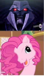 Size: 297x505 | Tagged: safe, imported from derpibooru, pinkie pie, earth pony, pony, too many pinkie pies, female, g3, g4, g4 to g3, generation leap, hub logo, looking at you, mare, megatron, nightmare fuel, pinkie blind, pinkie's silly face, transformers