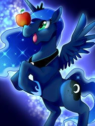 Size: 600x800 | Tagged: safe, artist:nabe, imported from derpibooru, princess luna, pony, apple, female, rearing, solo