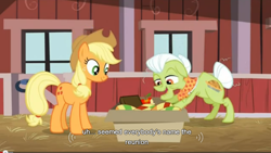 Size: 846x477 | Tagged: safe, imported from derpibooru, screencap, applejack, granny smith, apple family reunion, youtube caption