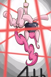 Size: 1261x1920 | Tagged: safe, artist:heir-of-rick, imported from derpibooru, pinkie pie, pony, female, laser, pinkie spy, rope, solo