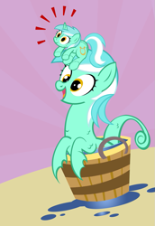 Size: 687x1000 | Tagged: safe, artist:pixelkitties, imported from derpibooru, lyra heartstrings, pony, sea pony, unicorn, background pony, bucket, crossing the memes, female, horn warmer, lyra plushie, mare, meme, plothole plush lyra, seapony lyra, water