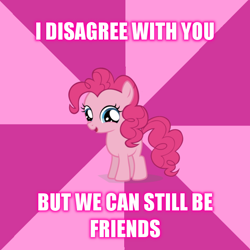 Size: 600x600 | Tagged: safe, imported from derpibooru, pinkie pie, earth pony, pony, advice meme, disagreement friends, female, filly, image macro, looking at you, open mouth, open smile, reaction image, smiling, smiling at you, solo