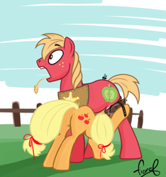 Size: 891x951 | Tagged: safe, artist:fiarel, imported from derpibooru, applejack, big macintosh, earth pony, fly, pony, applebutt, brother and sister, butt, clothes, engrish in the description, female, holster, incest, male, not what it looks like, personal space invasion, plot, sheriff's badge, siblings, stallion, straw in mouth, surprised, vest, wide eyes