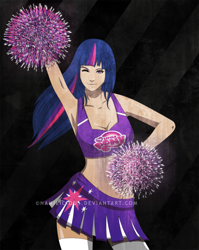 Size: 797x1002 | Tagged: safe, artist:namilicious, imported from derpibooru, twilight sparkle, human, armpits, cheerleader, clothes, cutie mark, humanized, lollipop chainsaw, midriff, my little pony logo, pom pom, skirt, solo