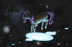 Size: 3000x1964 | Tagged: safe, artist:qsteel, imported from derpibooru, rarity, pony, unicorn, dark, glow, glowing, realistic, solo, space, surreal