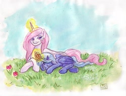 Size: 1049x800 | Tagged: safe, artist:robd2003, imported from derpibooru, princess celestia, princess luna, moon-fall, brushie, brushing, filly, pink-mane celestia, sleeping, traditional art, younger