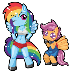 Size: 2306x2367 | Tagged: safe, artist:allymoodyneko, artist:wraithx79, imported from derpibooru, rainbow dash, scootaloo, anthro, unguligrade anthro, ambiguous facial structure, belly button, clothes, midriff, overalls, shorts, simple background, sports bra, transparent background, vector