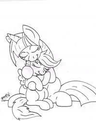 Size: 1280x1613 | Tagged: safe, artist:el ray, imported from derpibooru, scootaloo, twilight sparkle, hug, monochrome, scootalove