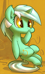 Size: 608x1000 | Tagged: safe, artist:atryl, imported from derpibooru, lyra heartstrings, pony, female, pondering, prehensile tail, sitting, solo, thinking