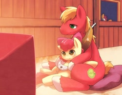 Size: 1290x1000 | Tagged: safe, artist:apricolor, imported from derpibooru, apple bloom, big macintosh, scootaloo, earth pony, pony, barn, brother and sister, controller, female, male, pillow, pixiv, sitting, stallion, video game