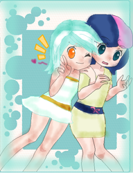 Size: 458x596 | Tagged: safe, artist:amanecer-dawn, imported from derpibooru, bon bon, lyra heartstrings, sweetie drops, human, clothes, duo, female, humanized