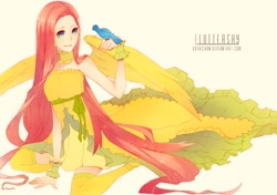 Size: 2480x1748 | Tagged: safe, artist:corrico, artist:orihichan, imported from derpibooru, fluttershy, bird, clothes, dress, female, humanized, solo, winged humanization