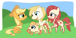 Size: 1200x600 | Tagged: safe, artist:otterlore, imported from derpibooru, applejack, baby apple delight, daddy apple delight, mommy apple delight, apple delight family, family, filly, g1, g1 to g4, g4, generation leap, simple background, transparent background
