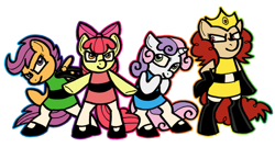 Size: 500x267 | Tagged: dead source, safe, artist:oh-what-a-twist, imported from derpibooru, apple bloom, scootaloo, sweetie belle, twist, earth pony, pegasus, pony, semi-anthro, unicorn, action pose, bitter sweets, crossover, cutie mark crusaders, female, filly, foal, looking at you, simple background, the powerpuff girls, white background
