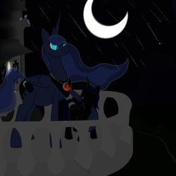 Size: 1280x1280 | Tagged: safe, artist:m-p-l, imported from derpibooru, princess luna, oc, castle, foal, night, pregnant