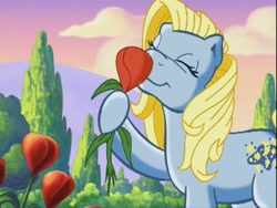 Size: 640x480 | Tagged: safe, imported from derpibooru, screencap, moondancer (g3), earth pony, pony, the princess promenade, cute, eyes closed, female, flower, friendship and flowers, g3, g3 dancerbetes, garden, mare, smiling, sniffing, solo, tulip