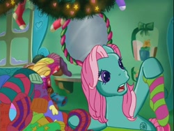 Size: 640x480 | Tagged: safe, imported from derpibooru, screencap, minty, pony, a very minty christmas, clothes, female, g3, house, open mouth, socks, solo, striped socks, worried