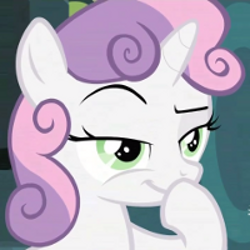 Size: 250x250 | Tagged: safe, imported from derpibooru, screencap, sweetie belle, pony, family appreciation day, cropped, devious, female, scheming belle, smiling, smirk, solo