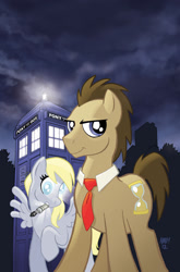 Size: 757x1149 | Tagged: safe, artist:tonyfleecs, idw, imported from derpibooru, derpy hooves, doctor whooves, time turner, earth pony, pegasus, pony, clean, comic, cover, crossover, doctor who, female, male, mare, official, official comic, parody, sonic screwdriver, stallion, tardis, the doctor
