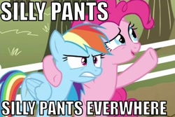 Size: 598x399 | Tagged: safe, imported from derpibooru, pinkie pie, rainbow dash, image macro, silly pants, x x everywhere
