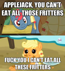 Size: 625x687 | Tagged: safe, edit, edited screencap, imported from derpibooru, screencap, apple split, applejack, pony, apple family reunion, apple family member, babyjack, comic, foal, jappleack, vulgar