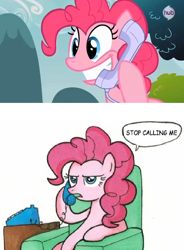 Size: 632x860 | Tagged: safe, edit, edited screencap, imported from derpibooru, screencap, pinkie pie, earth pony, pony, chair, female, mare, phone, sitting, telephone