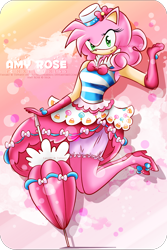 Size: 1000x1501 | Tagged: artist needed, dead source, source needed, safe, artist:tiffanymarsou, imported from derpibooru, pinkie pie, anthro, amy rose, clothes, cosplay, crossover, dress, gala dress, looking at you, pose, sonic the hedgehog (series)