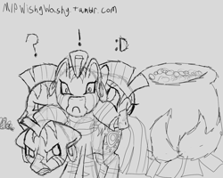Size: 1280x1024 | Tagged: safe, artist:clexyoshi, imported from derpibooru, zecora, hybrid, hydra, zebra, 30 minute art challenge, cauldron, exclamation point, female, fire, gray background, monochrome, multiple heads, question mark, simple background, solo, species swap