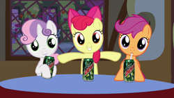 Size: 1280x720 | Tagged: safe, artist:capnpea, edit, edited screencap, imported from derpibooru, screencap, apple bloom, scootaloo, sweetie belle, one bad apple, cutie mark crusaders, fimbriae, mountain dew, product placement