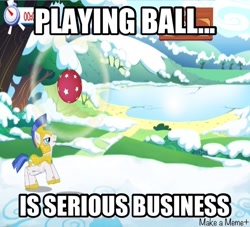 Size: 640x580 | Tagged: safe, edit, edited screencap, imported from derpibooru, screencap, pegasus, pony, ball, caption, gameloft, image macro, male, royal guard, serious business, snow, stallion