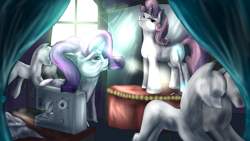 Size: 3000x1686 | Tagged: safe, artist:blindcoyote, imported from derpibooru, rarity, sweetie belle, older