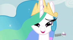 Size: 852x469 | Tagged: safe, imported from derpibooru, screencap, princess celestia, alicorn, pony, keep calm and flutter on, beautiful, crown, female, hub logo, jewelry, lidded eyes, proud, regalia, solo