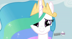 Size: 852x466 | Tagged: safe, imported from derpibooru, screencap, princess celestia, alicorn, pony, keep calm and flutter on, season 3, cute, cutelestia, female, hub logo, jewelry, looking at you, mare, regalia, smiling, solo