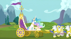 Size: 851x468 | Tagged: safe, imported from derpibooru, screencap, princess celestia, alicorn, pegasus, pony, keep calm and flutter on, chariot, female, hub logo, male, mare, pegasus royal guard, royal guard, sitting, stallion