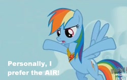 Size: 721x459 | Tagged: safe, edit, edited screencap, imported from derpibooru, screencap, rainbow dash, pegasus, pony, keep calm and flutter on, spoiler:s03, blue coat, caption, cloud, cutie mark, element of loyalty, falco lombardi, flying, raised hooves, star fox