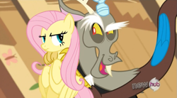 Size: 853x470 | Tagged: safe, imported from derpibooru, screencap, discord, fluttershy, keep calm and flutter on, hub logo